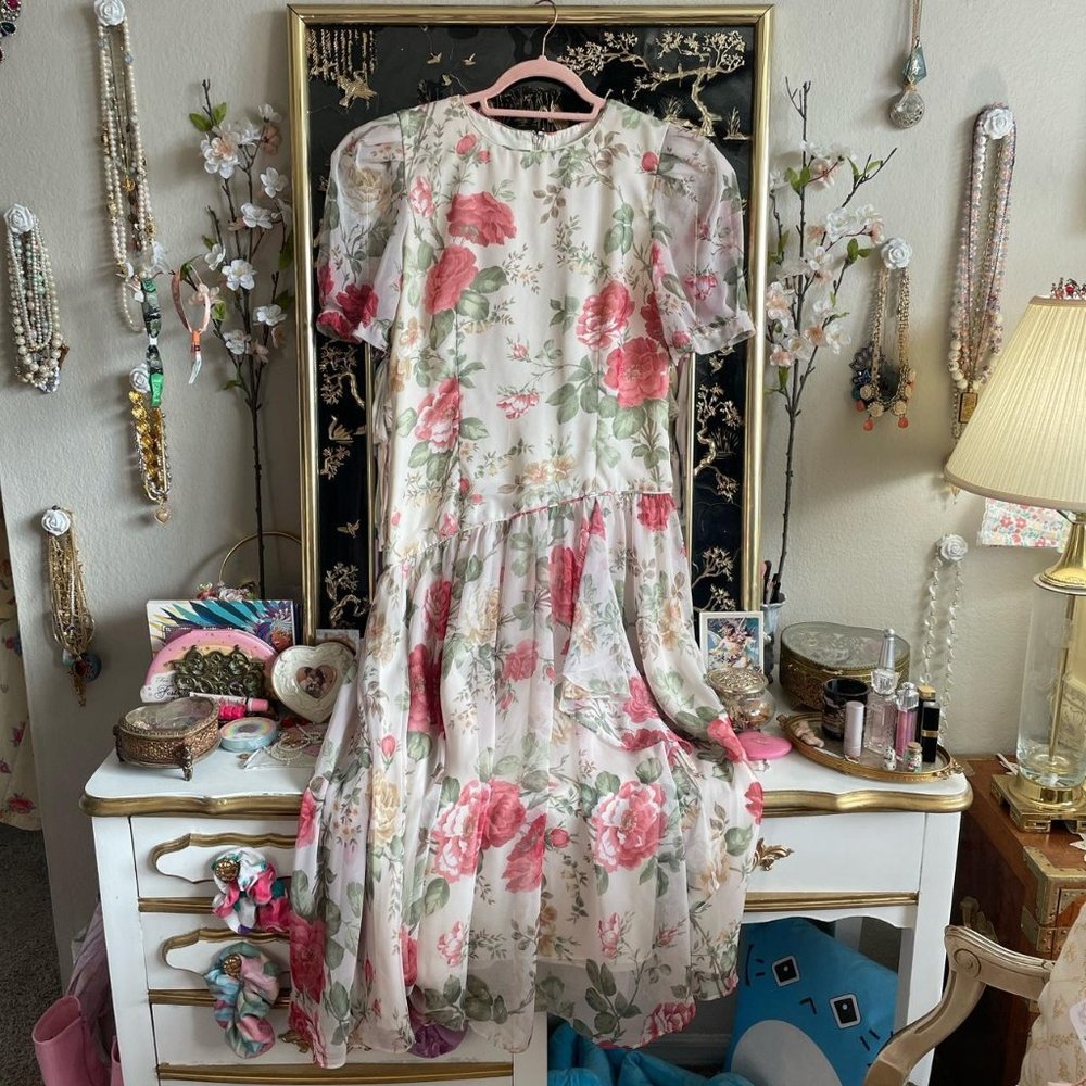 Vintage 80s Talbots Floral Print Drop Waist Dress Size XS